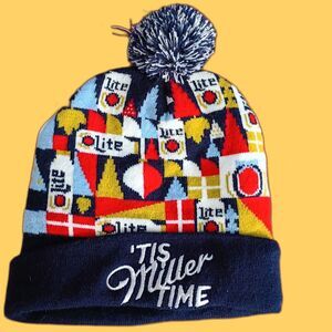 Miller Lite It's Miller Time Multicolor Pom Pom Beanie Winter Hat Toboggan